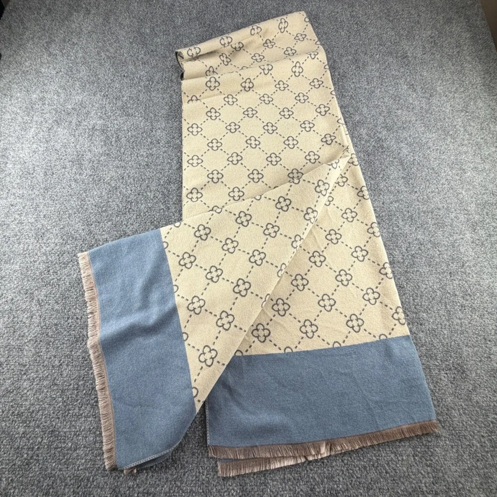 Monogram Quatrefoil Faux Cashmere Scarf Beige Blue Oversized Shawl Wrap Fringe